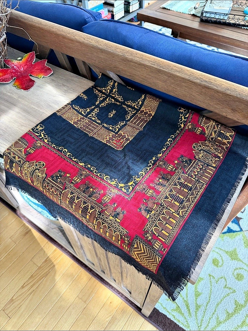 Square Patterned Scarf in Black, Cognac & Red
